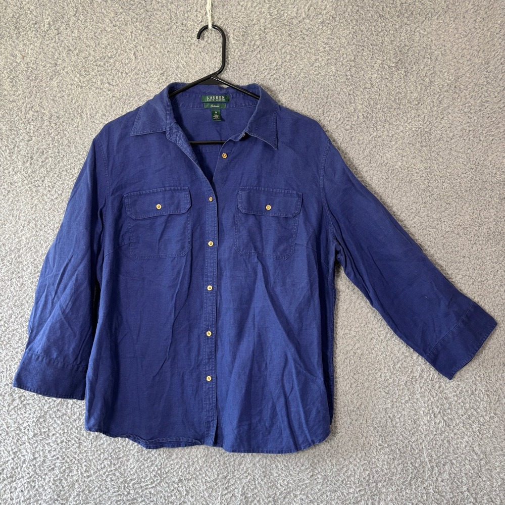 Lauren Ralph Lauren Womens 1X Royal Blue 100% Linen 3/4 Sleeve Button Down Shirt
